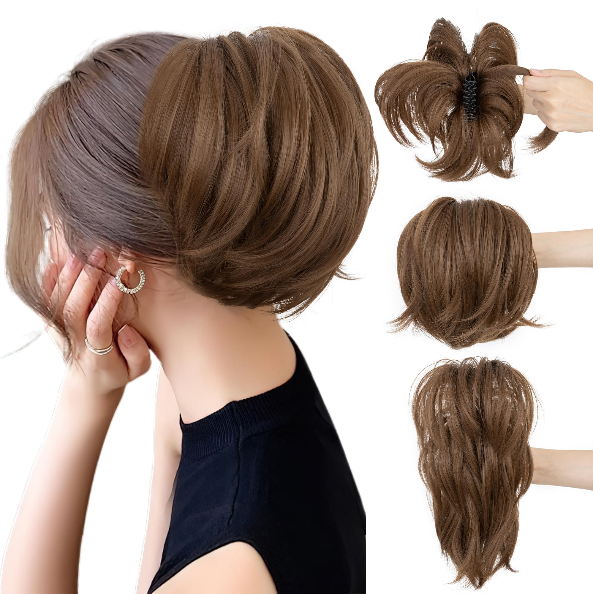 SEGO Messy Bendable Claw on Ponytail Hairpiece Synthetic Fluffy Hair Extension Clip in Jaw with 4 Bendable Metals, Ash Brown
