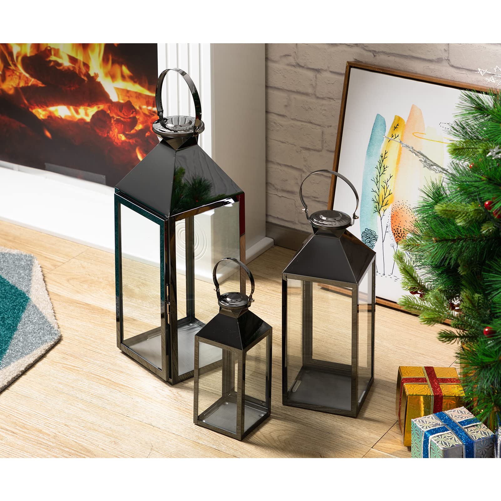 Photo 1 of **t has a broken window.**MATICO Stainless Decorative Pinnacle Candle Lantern Set of 3, Hanging Decor Hurricane Lantern Candle Holder for Festival Ceremony Home Decor, Both Indoor & Outdoor Use, Black