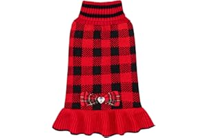 KYEESE Dog Christmas Sweater Dress with Bowtie Checkered, Turtleneck Dog Sweater for Small Dogs Girl with Leash Hole, Holiday Warm Pet Sweaters Dress, Red, Large