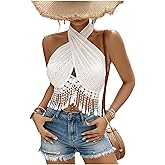 SweatyRocks Women's Criss Cross Halter Tank Top Tassel Slim Fitted Crop Tops