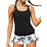 HOTOME Girls Swimsuit Elastic Hem Adjustable Strap Girls Tankini Tropical Print Drawstring 2 Piece Bathing Suit Shorts 9-16Y