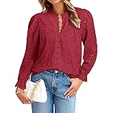 Simplee Womens Casual Tops Blouse 2025 Eyelet Embroidered Puff Long Sleeve Fall Top Dressy Lace Button Shirts