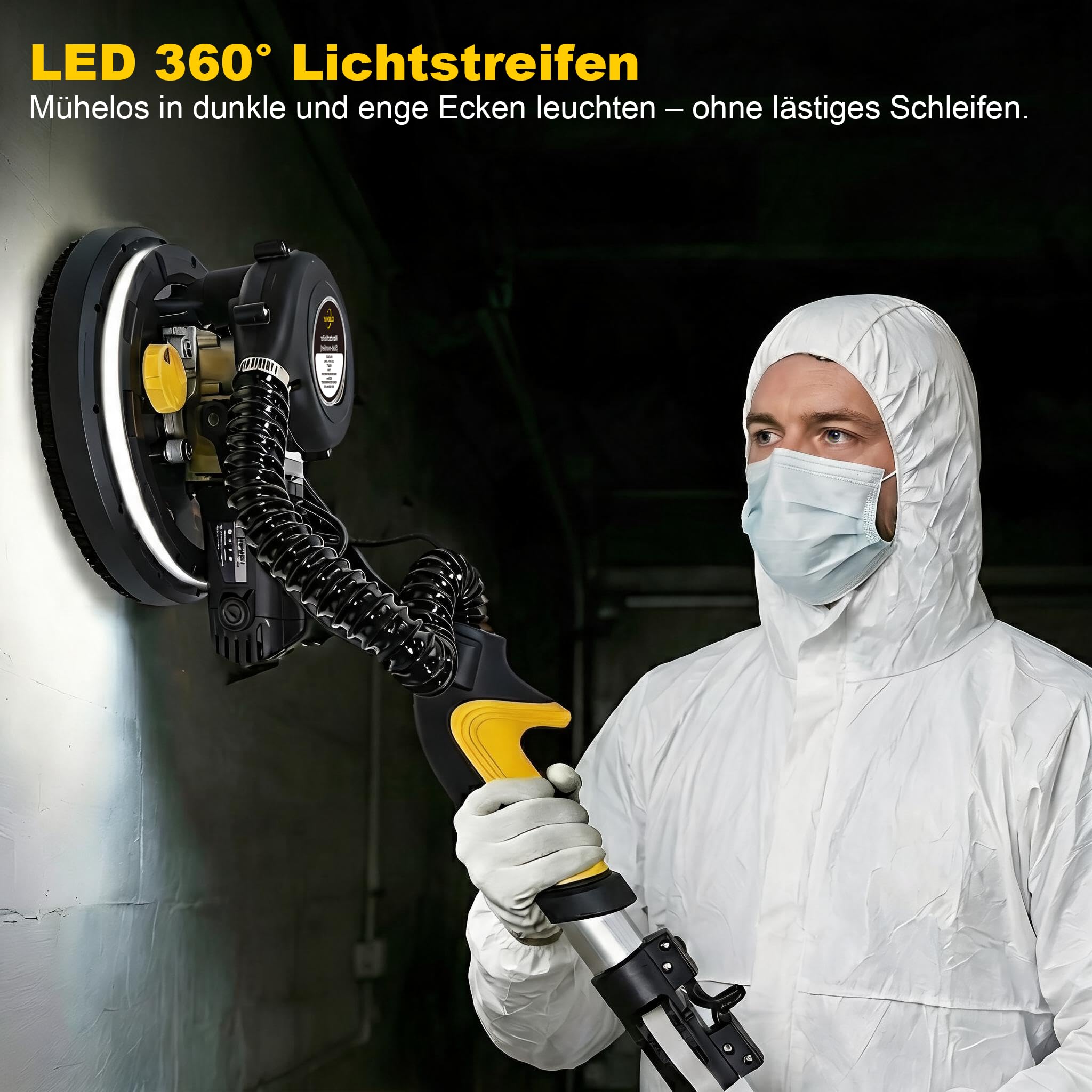Trockenbauschleifer, 750W Wandschleifer mit Automatischem Vakuumsystem und Ø 214mm Schleifgiraffe inkl Absaugbeutel LED-Licht, 7-Gang Getriebe, 900-1800RPM Deckenschleifer, Faltbarem Griff 7