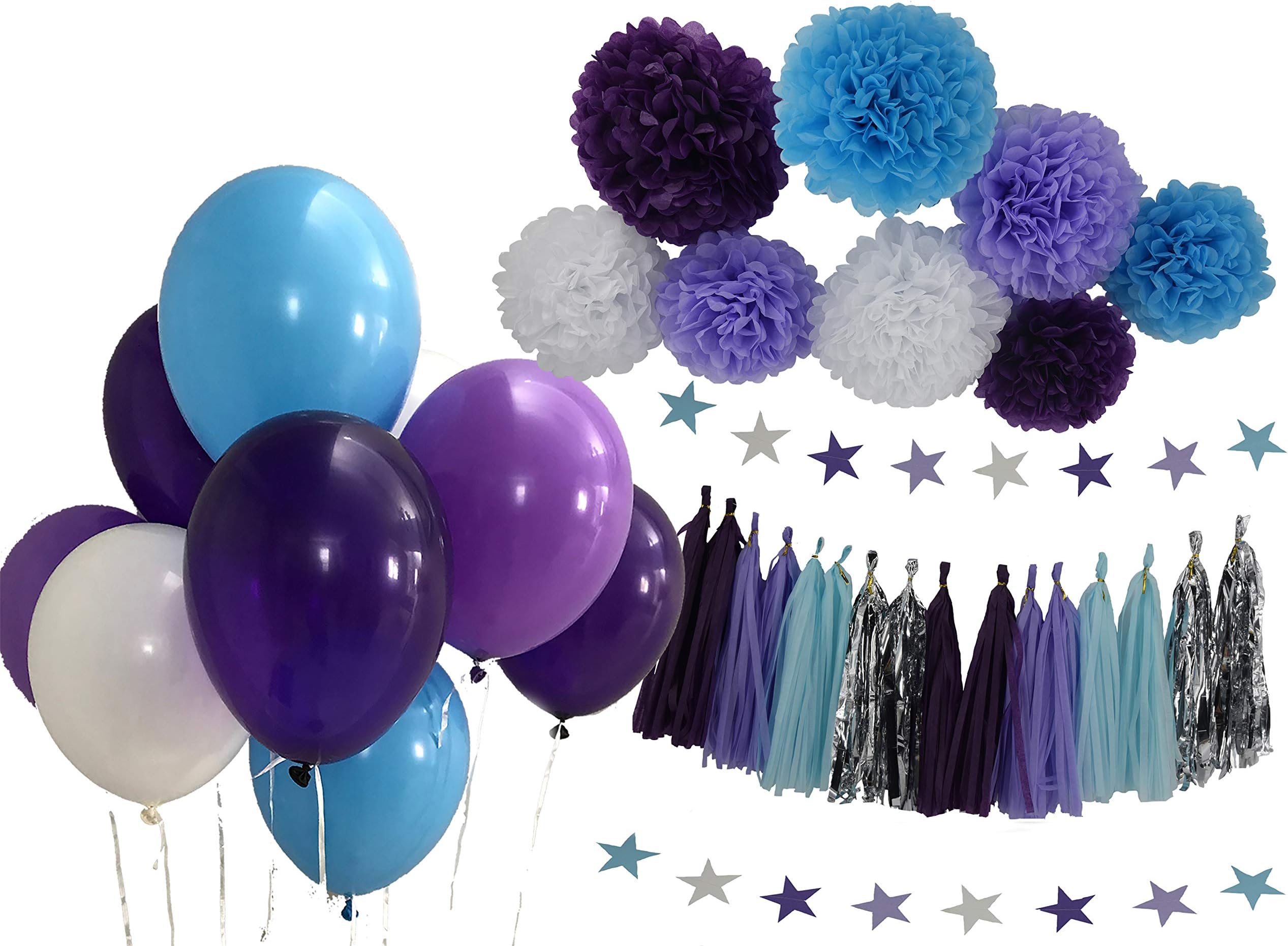 Mermaid Party Supplies Frozen Theme Decorations Purple Blue White Lavender Pom Poms Tassels Star Garlands Balloons Baby Shower 1st Birthday Decorations Mermaid Under The Sea Party Theme 36pc. Set