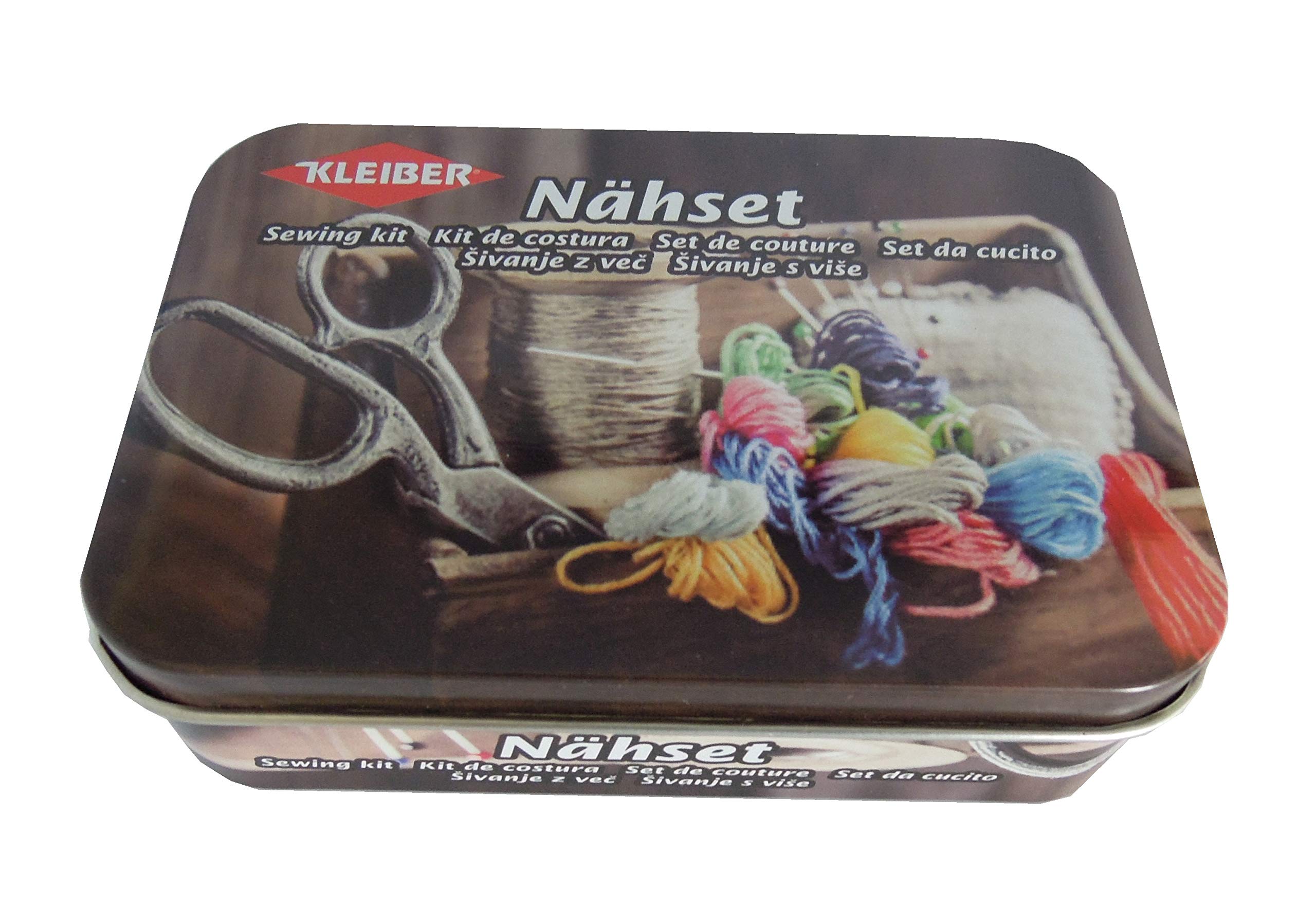Kleiber Sewing Kit 70Pc Tin - Scissor Print, Metal, Brown, 11 x 8 x 3 cm