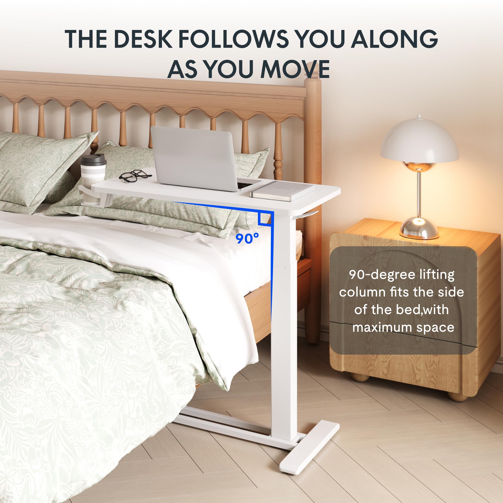 FLEXISPOT H7 Adjustable Overbed Bedside Table with Wheels Pneumatic Mobile Standing Desk Laptop Desk Rolling Computer Cart Movable Overbed Table Hospital Home Use(27.6