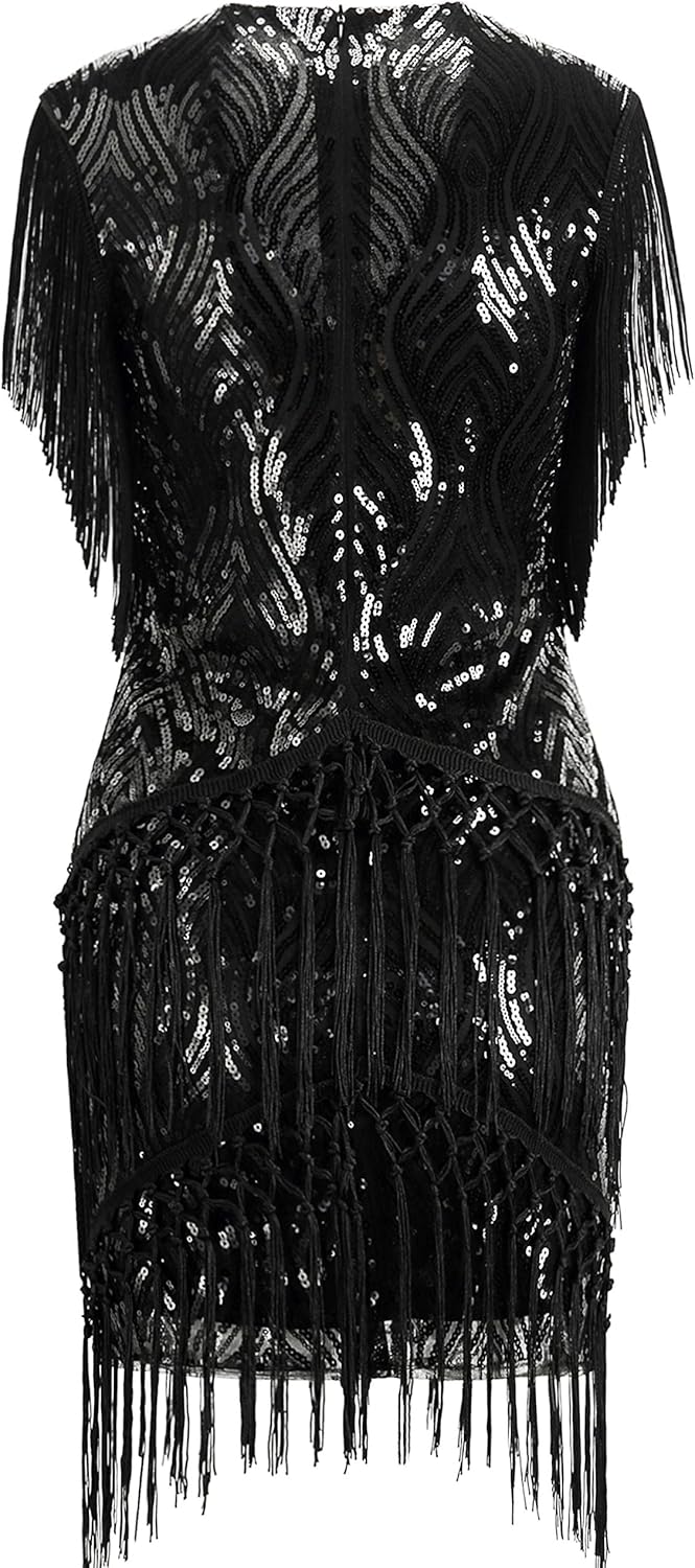 BABEYOND 1920s Flapper Dress Long Fringed Gatsby Dress Roaring 20s Sequins Beaded Dress Vintage Art Deco Dress: Clothing