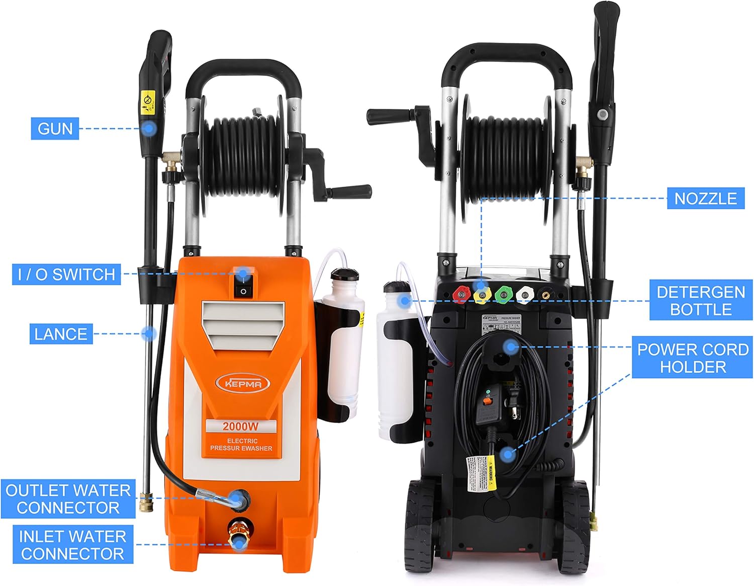 Kepma Electric Pressure Washer, 3800PSI 3.0GPM Power Washer 2000W High Pressure Cleaner Machine with 5 Nozzles, Foam Cannon, Hose Reel for Car Washing, Patio Furniture, Concrete, Deck (Orange) : Garden & Outdoor