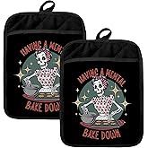 HUGANE Gothic Halloween Skeleton Baker Pot Holders for Kitchen, Gifts for Baking Lovers, Trendy Funny Goth Skull Heat Resistant Hot Pads and Oven Mitts for Baking Cooking