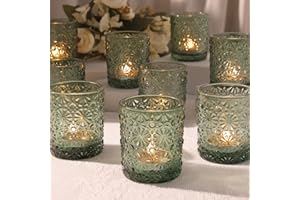LANTTU Green Votive Candle Holder Set of 12, Flower Tea Lights Candles Holders for Wedding Table Decor, Birthday Parties, Vintage Home Decor, Bridal Shower and Holiday Decorations