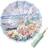 PJxtal uv umbrellas for sun protection,39.4in,floral art parasols,UPF 50+ | 16 bone,3 fold,Manual Lift,aluminum alloy shaft, fiberglass ribs,Inner printing,collapsible,portable,vintage,cute,Travel