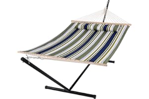 SUNCREAT Double Hammock, Extra Large Quilted Fabric Swing with Hardwood Spreader Bars & Detachable Pillow, Heavy Duty, Perfect for Indoor/Outdoor Patio, Deck, Yard, Blue&Aqua