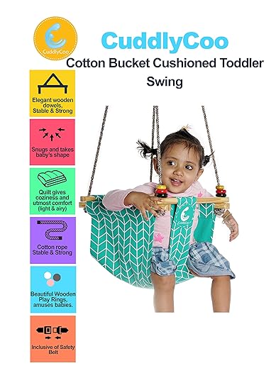 CuddlyCoo Cotton Bucket Cushioned Toddler Swing or Jhula for Baby with Play Rings and Cyan Zigzag