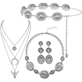 GOGZBD Western Concho Belt Cowgirl Necklace Dangle Earrings Jewelry set for Women Chain Belt