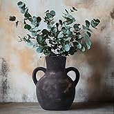 Rustic Farmhouse Ceramic Balck Flower Vase with 2 Handles, Black Terracotta Vase, Decorative Pottery Flower Vase for Home Decor, Table, Wedding, Living Room, Shelf Decor (Black)