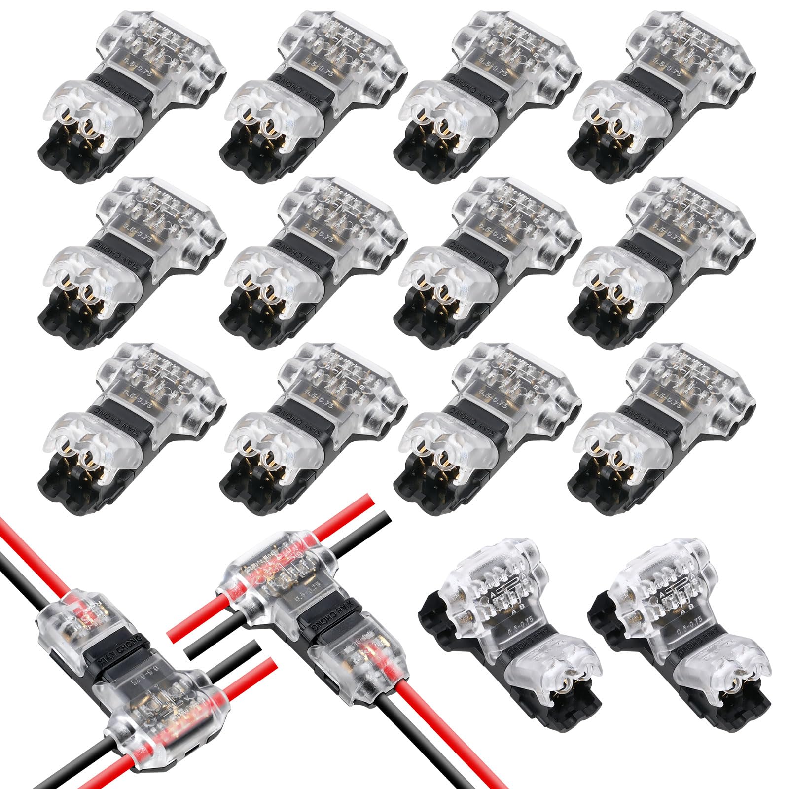 Flintronic 12 PCS Wire Connectors, Low Voltage T Tap Connectors, 2 Pin 3 Way Quick Splice Wire Connectors, Wiring Branch Connector, Without Stripping, for 18-22 AWG, LED Strip, Audio, Vehicles