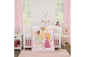NOJO Disney Make A Wish Multi Princess Pink and White Belle, Tiana, and Aurora 3 Piece Nursery Crib Bedding Set - Comforter, Fitted Crib Sheet, and Crib Skirt