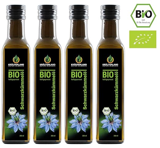 Kräuterland Bio Schwarzkümmelöl, Bio-zertifiziert, 4x 250ml, gefiltert, kaltgepresst, ägyptisch, 100% naturrein, Frischegaran