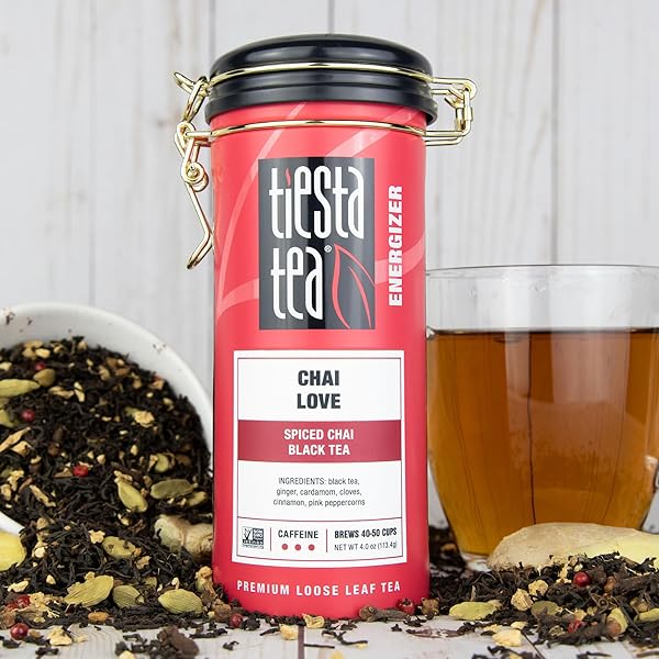 TIESTA TEA – CHAI LOVE, LOOSE LEAF, SPICED CHAI BLACK TEA, PREMIUM BLEND, HIGH CAFFEINATED, MAKE HOT OR ICED & BREWS UP TO 50 CUPS, 4 OUNCE REFILLABLE TIN