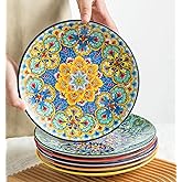 Ceramic Dinner Plates, 8.5 Inch Small Salad Dessert Plate Set of 6, Colorful Bohemian Plates for Appetizers, Snacks, Fruit, Small Plate Set for Kitchen & Restaurant, Microwave, Oven and Dishware Safe