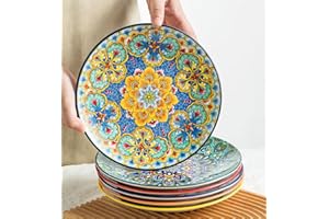 Ceramic Dinner Plates, 8.5 Inch Small Salad Dessert Plate Set of 6, Colorful Bohemian Plates for Appetizers, Snacks, Fruit, S