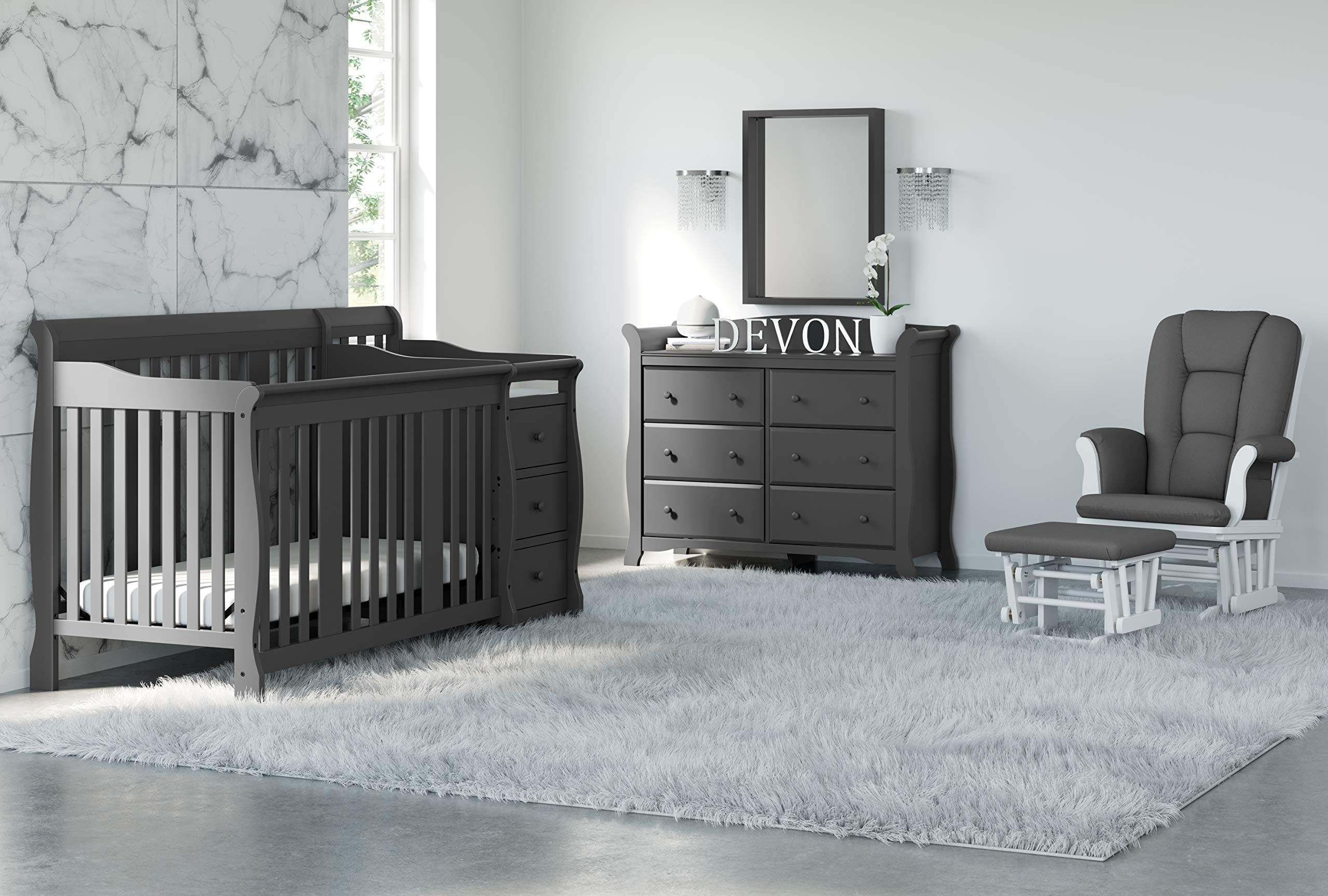 STORKCRAFT Tuscany Custom Glider and Ottoman with Free Lumbar Pillow (White/Grey) - Cleanable Upholstered Comfort Rocking Nursery Chair with Ottoman