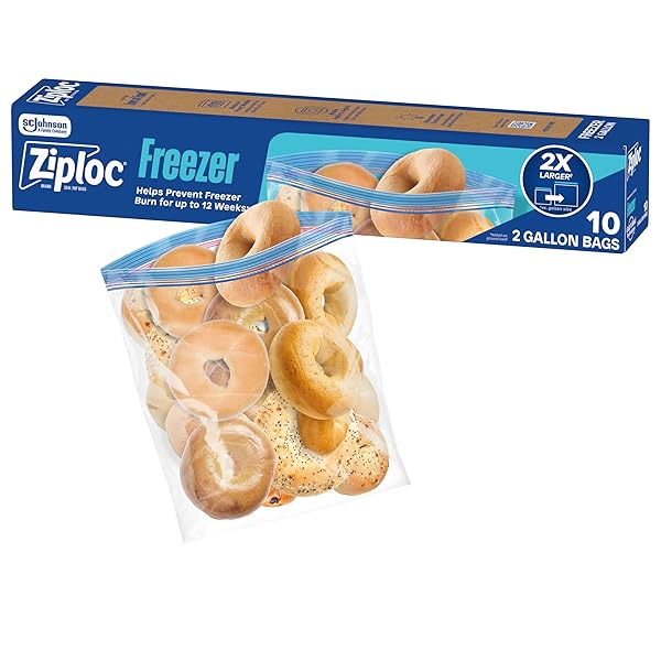 ZIPLOC 2 GALLON FOOD STORAGE FREEZER BAGS, GRIP ‘N SEAL TECHNOLOGY FOR EASIER GRIP, OPEN, AND CLOSE, 10 COUNT (PACKAGING MAY VARY)