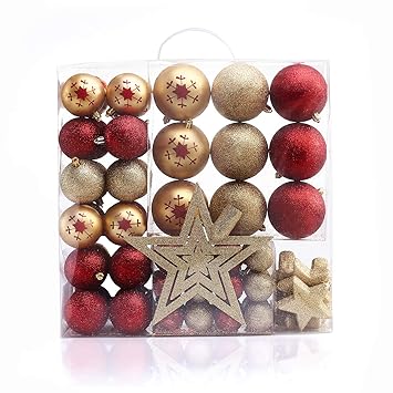 Decoking 46449 76er Weihnachtskugeln Weihnachtssterne Golden Rot Brokat Kugel Stern Dekorativ Deko Weihnachtsschmuck Christbaumschmuck