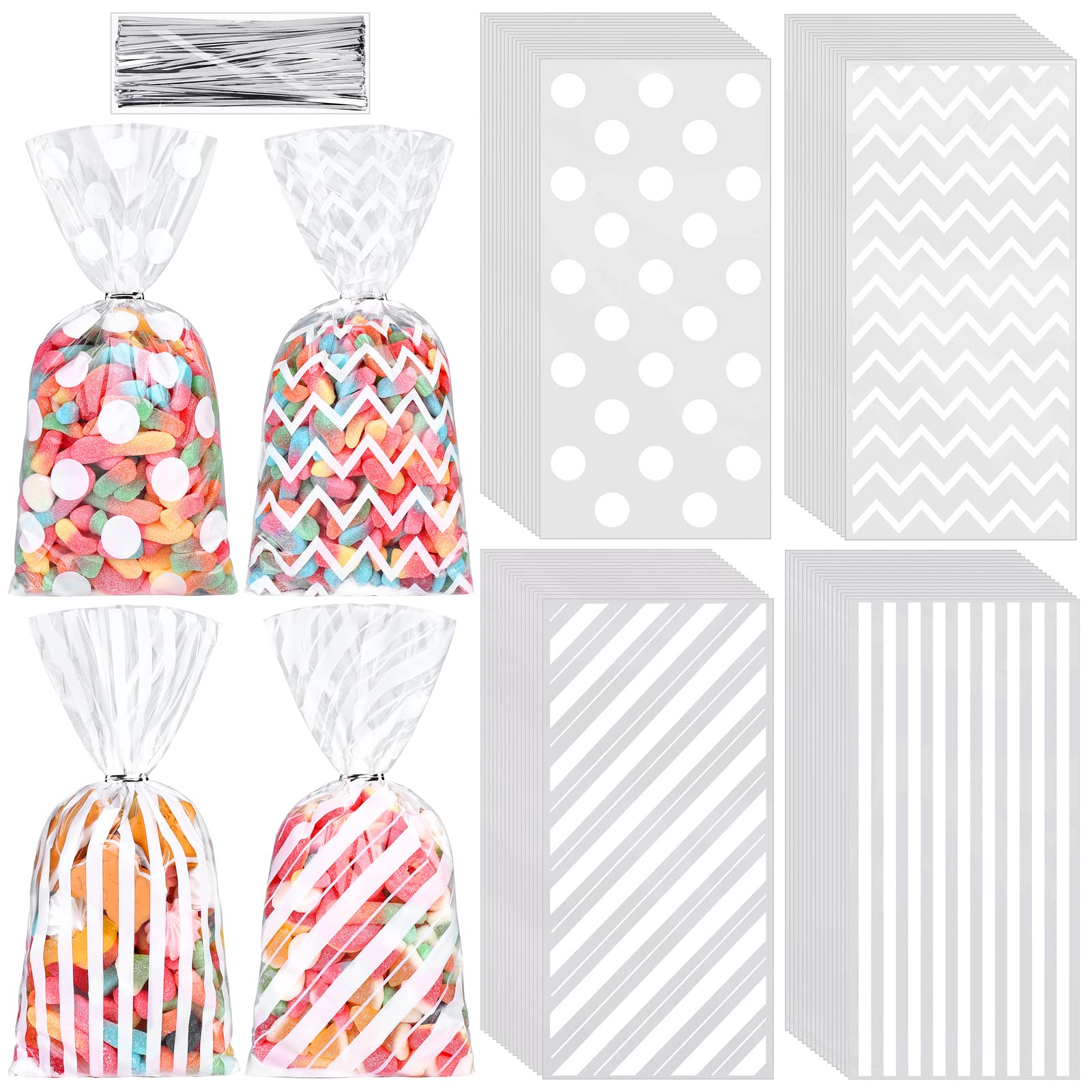 Aodaer 100 Pieces White Cellophane Bags Plastic Candy Gift Bags Cellophane Treat Bags with Twist Ties Stripes Polka Dot Printed Pattern Goodie Bags for Birthday Weddings Party Favors