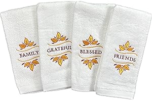 Serafina Home Thanksgiving Fall Harvest Bathroom Guest Fingertip Towels: Family Friends Blessed Grateful Embroidered on Plush Ivory White, 4 Piece Set, 12" x 18" Inch Each