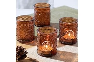 Lanttu Amber Votive Candle Holder Set of 12, Glass Tea Lights Candle Holders for Home Table Centerpiece, Dinner Parties, Weddings Decor