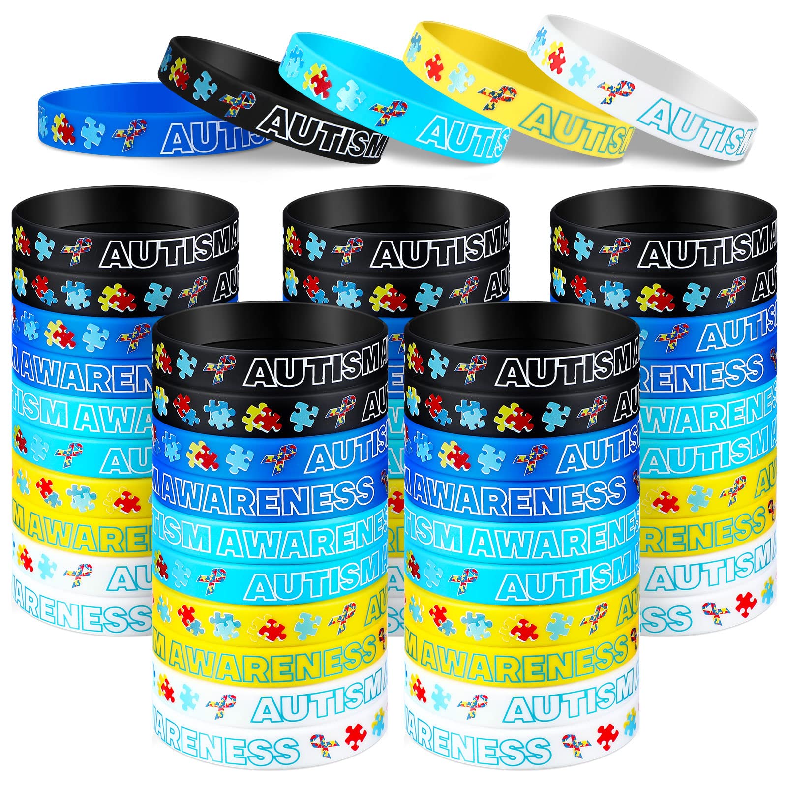 Photo 1 of Crowye 50 Pcs Autism Awareness Silicone Bracelets Colorful Puzzle Pieces Silicone Wristband Blue Black White Yellow Autism Wristband Set for Women Men Kids Teen Gifts