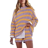 LAMISSCHE Womens Oversized Lounge Sets 2 Piece Outfits Striped Matching Pajama Set Short Sweater Set(Dk Yellow&Dark Purple,XL)