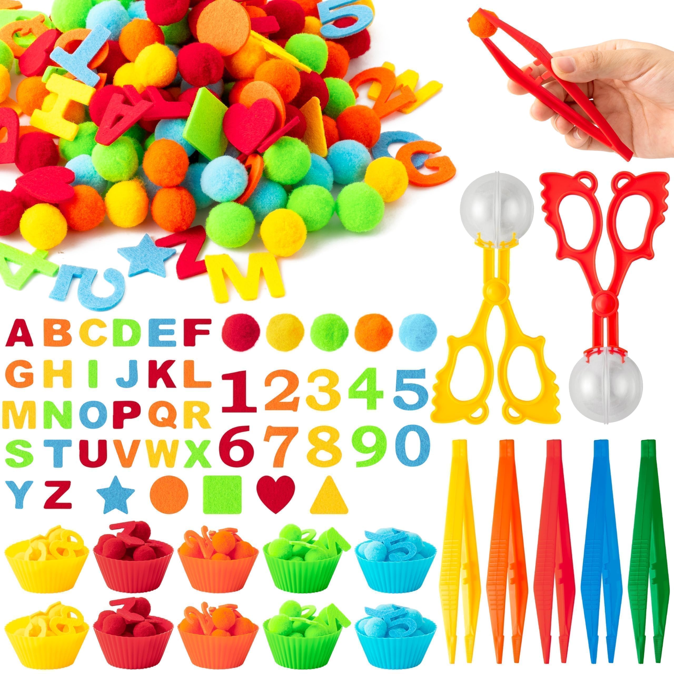 Photo 1 of EZdhuawuse Letters Numbers Sensory Bin Fillers - 240Pcs Summer Alphanumeric Fine Motor Skills Toys Color Counting Sorting Set for Kids, Felt Letter Pom Poms Cup Clip for Preschool Education Activities