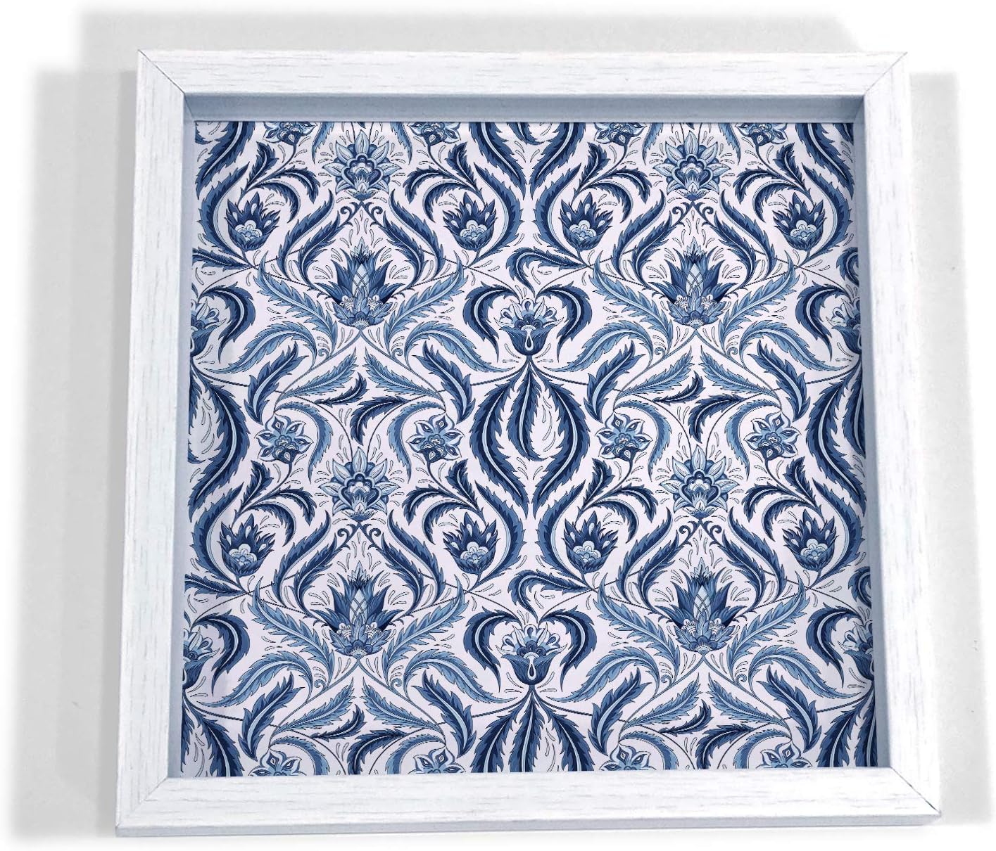 BRAHMA DESIGN Liena Blue Design White Border 9x9 Tray - Kitchen, Dining, Serving & Desk Tray is Made of Fibre Frame with Acrylic Insert in Square Shape Size 9" x 9"