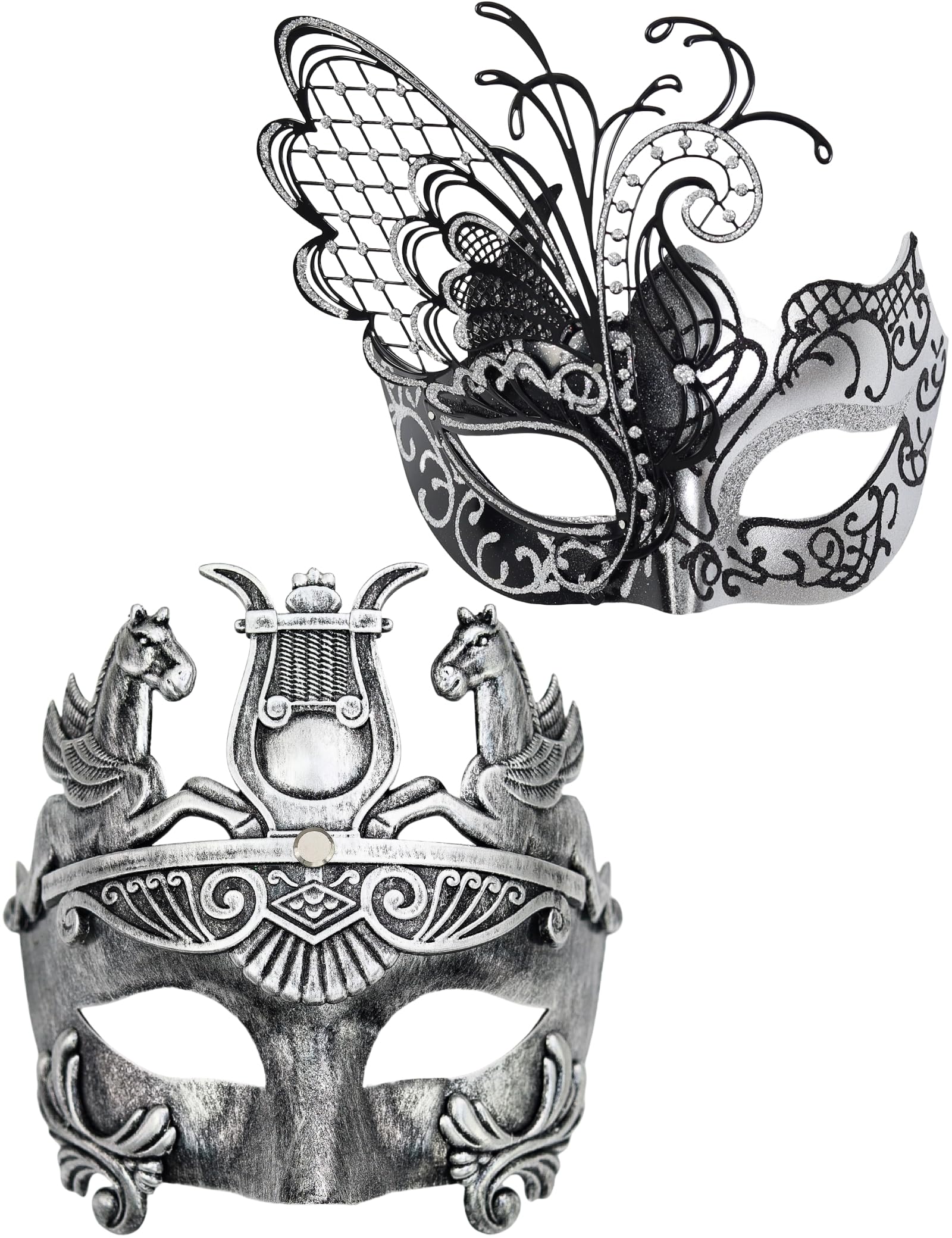 Ubauta Silver Butterfly Women Mask & Greek Warrior Men Mask Venetian Masquerade Couple Masks, For Mardi Gras/Party/Ball Prom