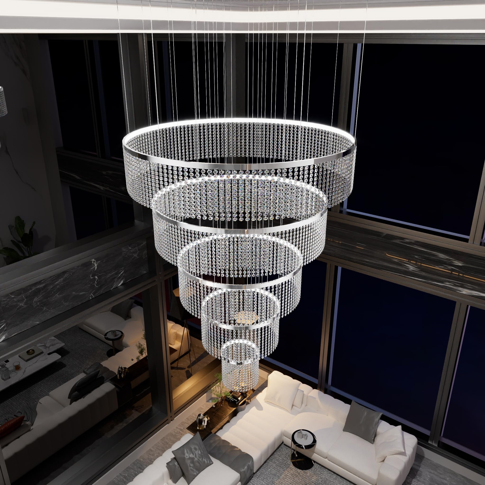 Photo 1 of ABTTOI Dia 40" Modern Crystal Chandelier,5 Ring Chandeliers Lighting Fixture, Large Chandeliers for Staircase Foyer Entryway Living Room Luxury Raindrop Light Fixture (Silver Chandelier)