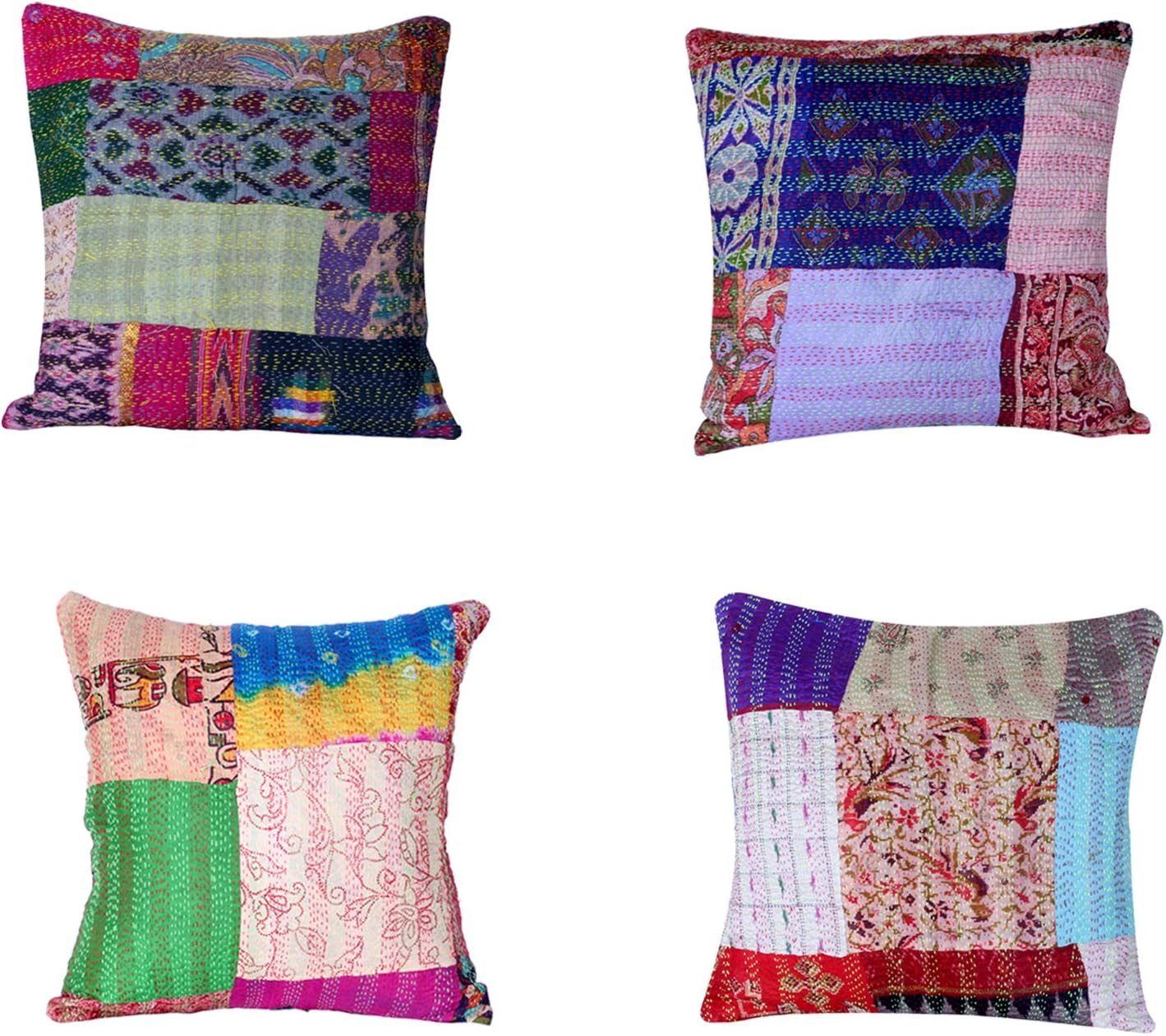 Indistar Set of 4 Throw Pillow Cover | Silk Patchwork Cushion Covers with Traditional Indian Kantha Work | Decorative Cushion Covers, 16 x 16 Inch