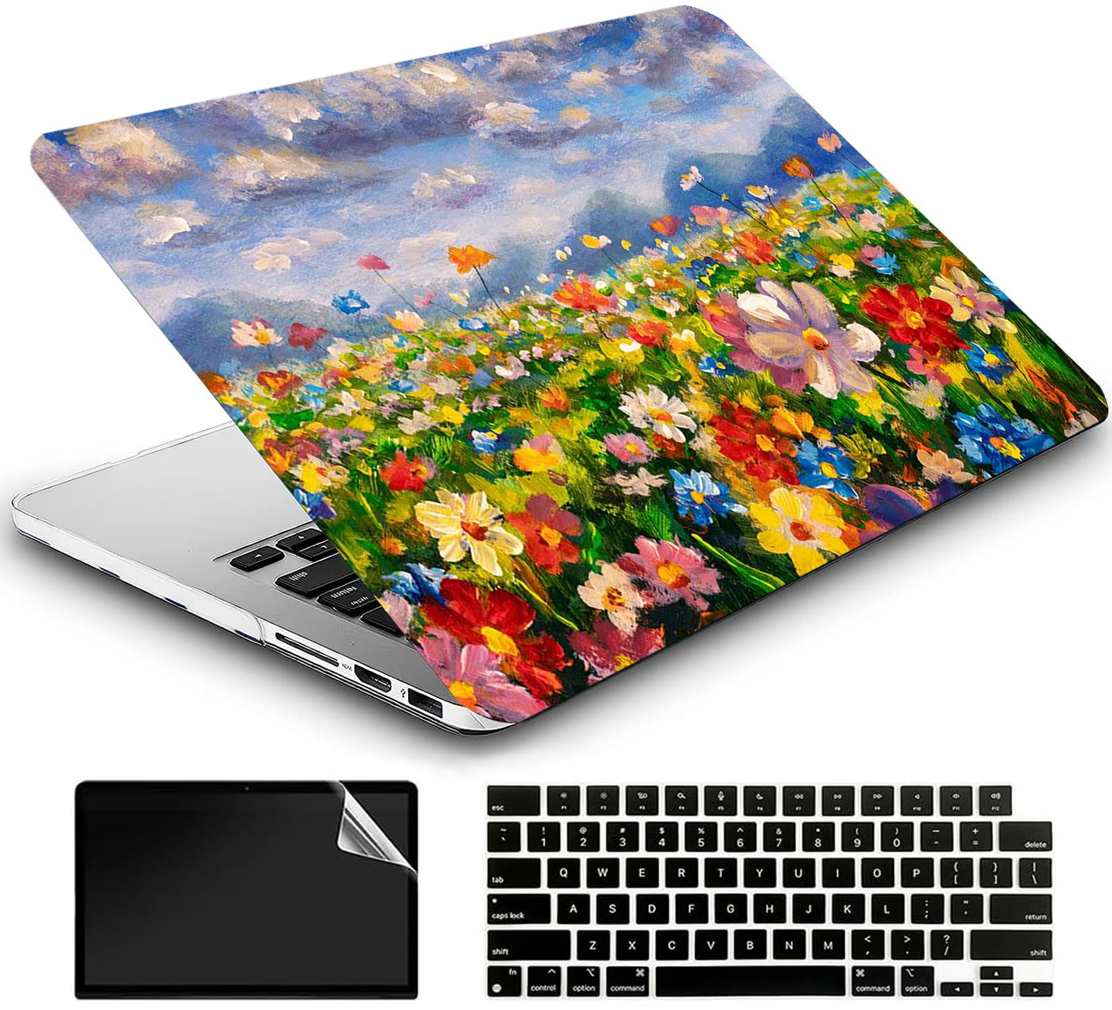 AMCJJ Compatible with MacBook Air 13.6 inch Case 2024 2023 2022 M3 A3113 M2 A2681 Chip Liquid Retina Touch ID, Plastic Hard Shell Case & Keyboard Cover & Screen Protector - Flowers