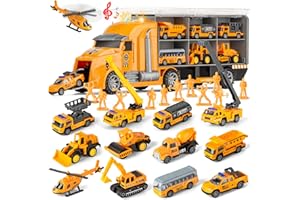 LERBAO 25 in 1 Die-cast Pull Back Construction Truck Vehicle Toys for 3-7Year Old Boy, Sounds and Lights in Large Carrier Truck, Age3+ Kids Child Boy Toy Cars Birthday Gifts