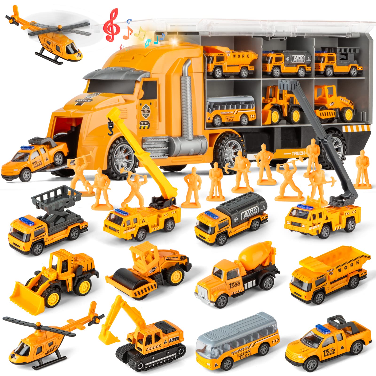 Photo 1 of 25 in 1 Die-cast Pull Back Construction Truck Vehicle Toys for 3-7Year Old Boy, Sounds and Lights in Large Carrier Truck, Age3+ Kids Child Boy Toy Cars Birthday Gifts