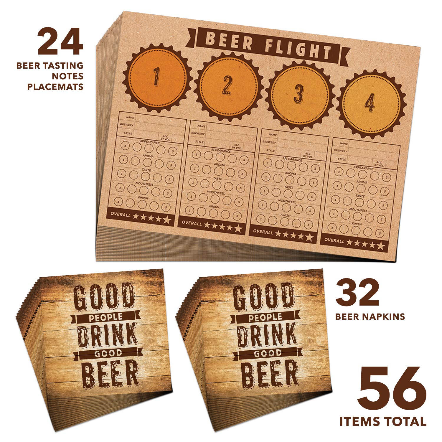 Beer Flight Set Tasting Notes Placemats Napkins For 24 Home Brewing Party Supplies - 