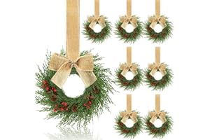 Knitgrip 8 Pcs 9'' Small Christmas Kitchen Cabinet Wreaths with Plaid Bow Ribbon Mini Hanging Christmas Wreath Artificial Greenery Wreath for Front Porch Wall (Linen Color)