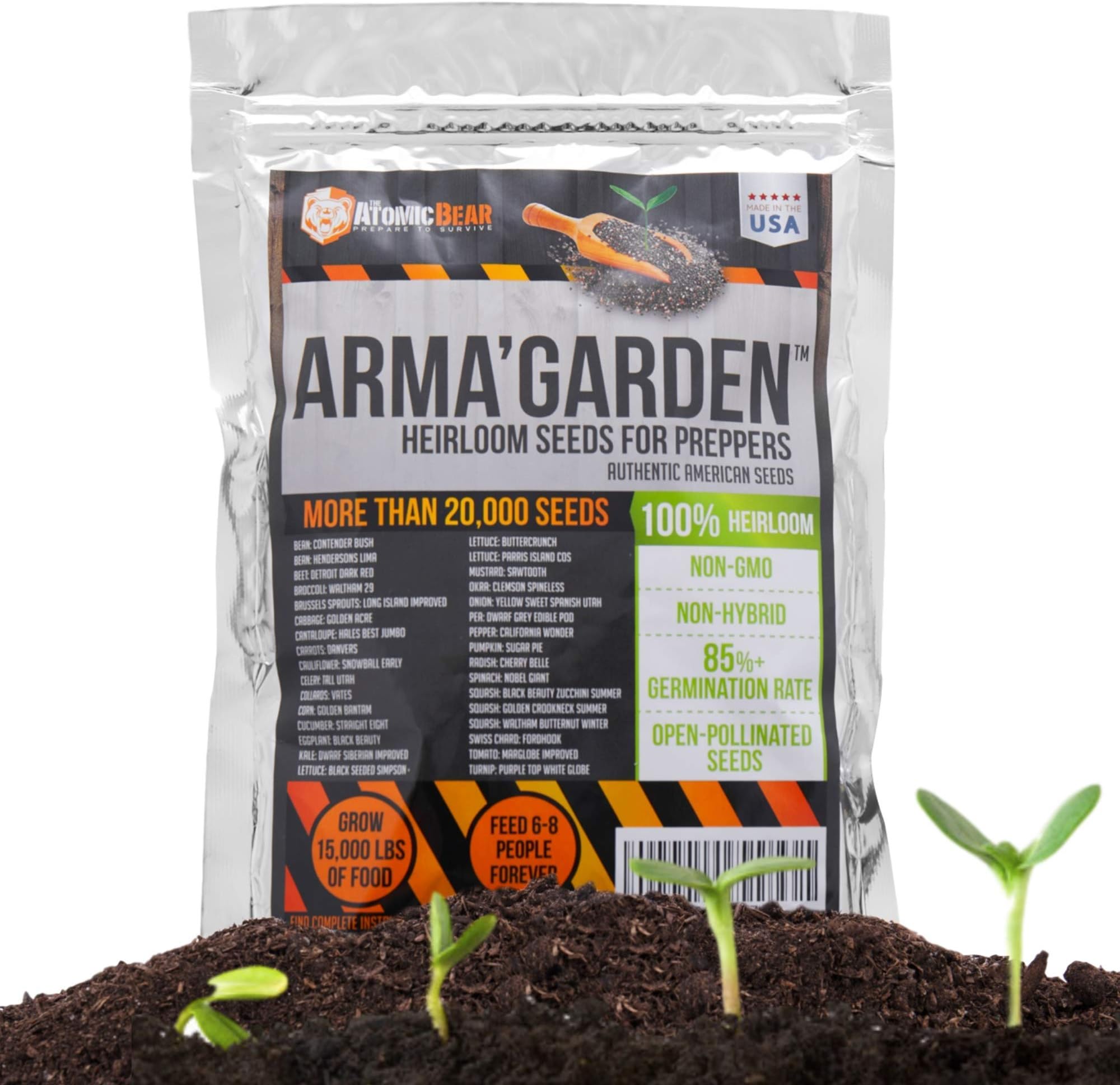 Atomic Bear DeaI + Heirloom Vegetable Seeds - Non-GMO, Non-Hybrid, Open Pollinated Seeds to Grow 32 Variety of America Heritage Vegetables - Essential Survival Food for Off-The-Grid Preppers Garden