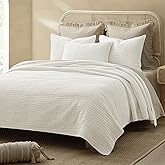 Wonderful Natural Linen Cotton Quilt - Wave Stitched White Queen Quilt, 100% Cotton Filling, Pre-Washed, Soft & Breathable, Hypoallergenic, All-Season Use, Bedspread & Coverlet Bedding, 104"x94"