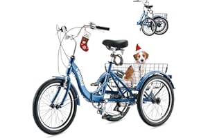 VIRIBUS BIKES VIRIBUS Folding Tricycle for Adults, 20 inch Foldable Adult Tricycle 1&7 Speed with Basket, Folding 3 Wheel Bikes for Adults Senior Women Men, Collapsible Trike, Three Wheel Bike 330lb. Capacity