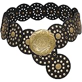 WULIQIUQIU Wide Disc Belt for Women Boho Concho Leather Belts Vintage Western Waist Belt