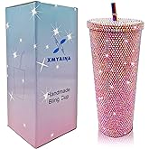 XMYAINA 26oz Bling Cup Diamond Studded Tumbler Glitter Water Bottle with Lid and Straws Stainless Steel Vacuum Insulated Coffee Ice Cup Gift for Women(Light Rose)