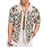BEAUDRM Men's Striped Knit Shirts Short Sleeve Button Down Shirt Crochet Hollow Out Summer Beach Top Vintage Vacation Wear