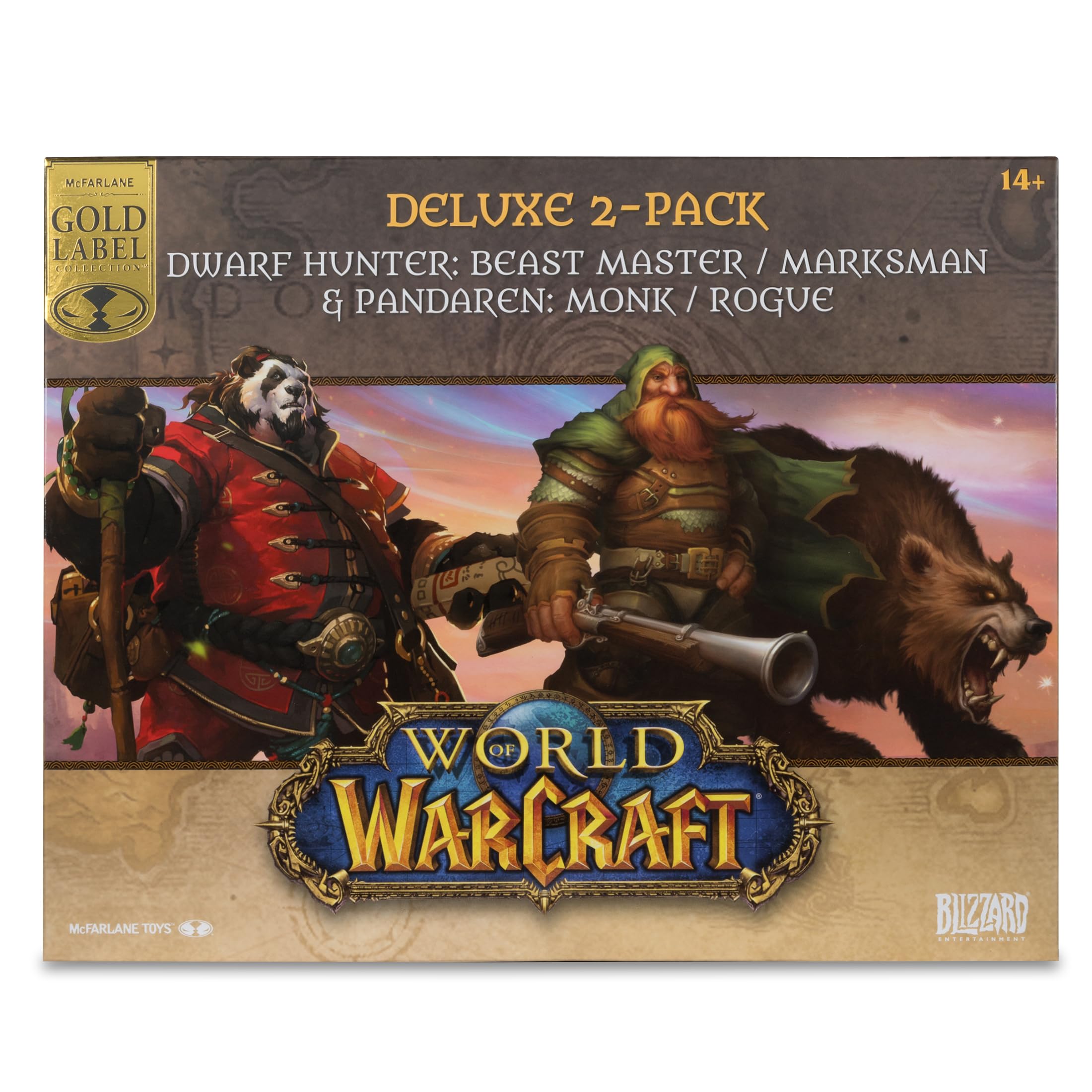 McFarlane Toys - World of Warcraft Dwarf Hunter: Beastmaster & Marksman and Pandaren: Monk & Rogue 1:12 Scale Posed Figure Deluxe 2pk Gold Label